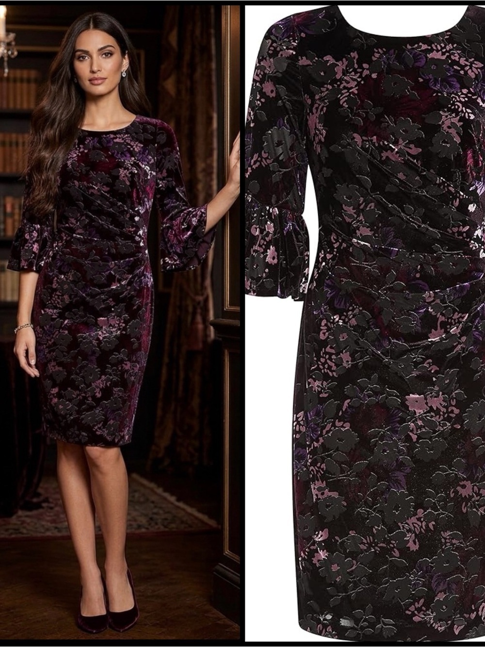 Adrianna Papell Floral Velvet Burnout Ruched Party Sheath Black Purple Dress 6